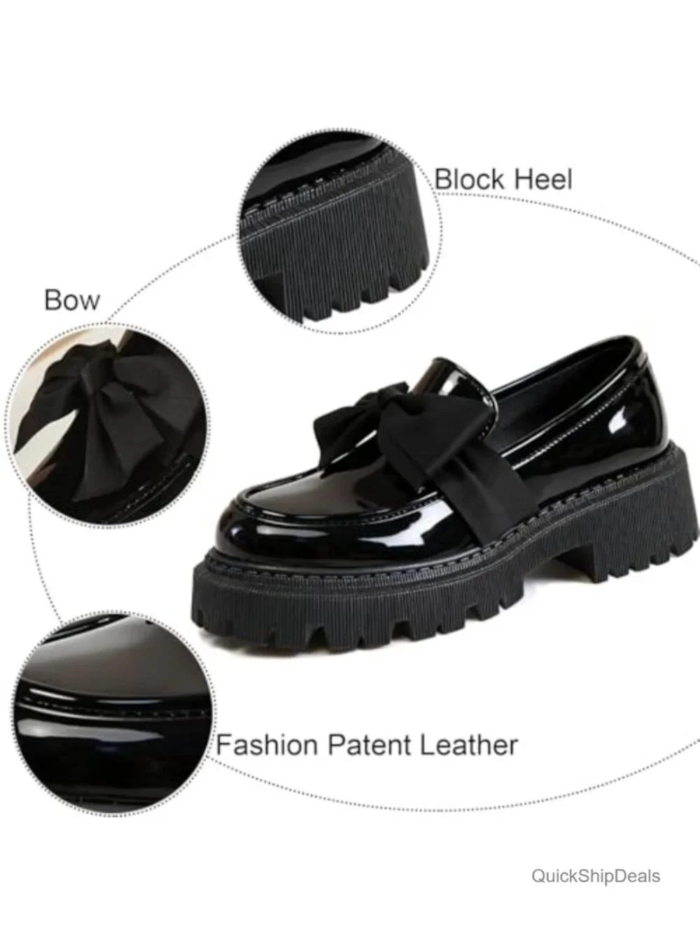 Patent Leather Bow Loafers for Women Chunky Heel Lug Sole Slip-On Dress Shoes